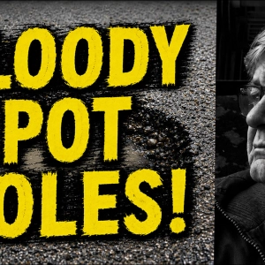Bloody Potholes! Grumpy old man, pink trousers, coffee in soup bowl, miserable people
